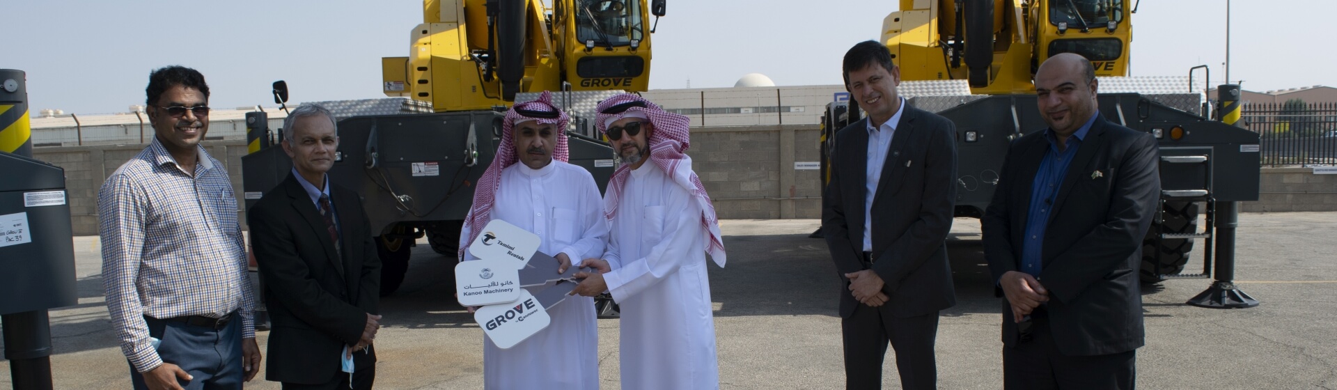 Celebrating the order (left to right): Manohar Nair (Kanoo); P.S. Chaudhuri (Kanoo); Mohammed F.S. Al-Tamimi (Tamimi Rentals); Ali Abdullah Kanoo (Kanoo); Manoj Tripathy (Kanoo); Yasser Al Qattan (Kanoo) Fahad-S-Al-Tamimi-&-Partners-Co-(Tamimi-Rentals)-invests-in-Grove-rough-terrain-cranes-to-diversify-its-business-1.jpg