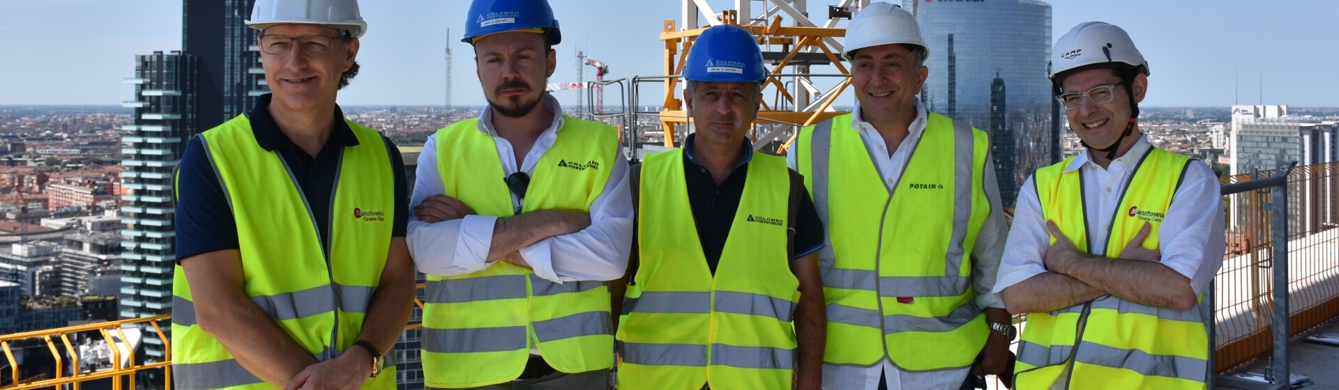 Gianluigi Consolaro, Crane Crane manager at Manitowoc Crane Group Italy; Stefano Crespi, project manager at Colombo Costruzioni; Gianluca Arconi, jobsite coordinator at Colombo Costruzioni; Sabino Riefoli, export sales & key Account manager at Manitowoc Crane Group Italy; and Matteo Pastore from Crane Crane Lift Solutions Southern Europe at Manitowoc Crane Group Potain-MD-365-and-MD-208-construct-Italys-first-zero-energy-skyscraper-the-GIOIA-22-Shard-of-Glass-05.jpg