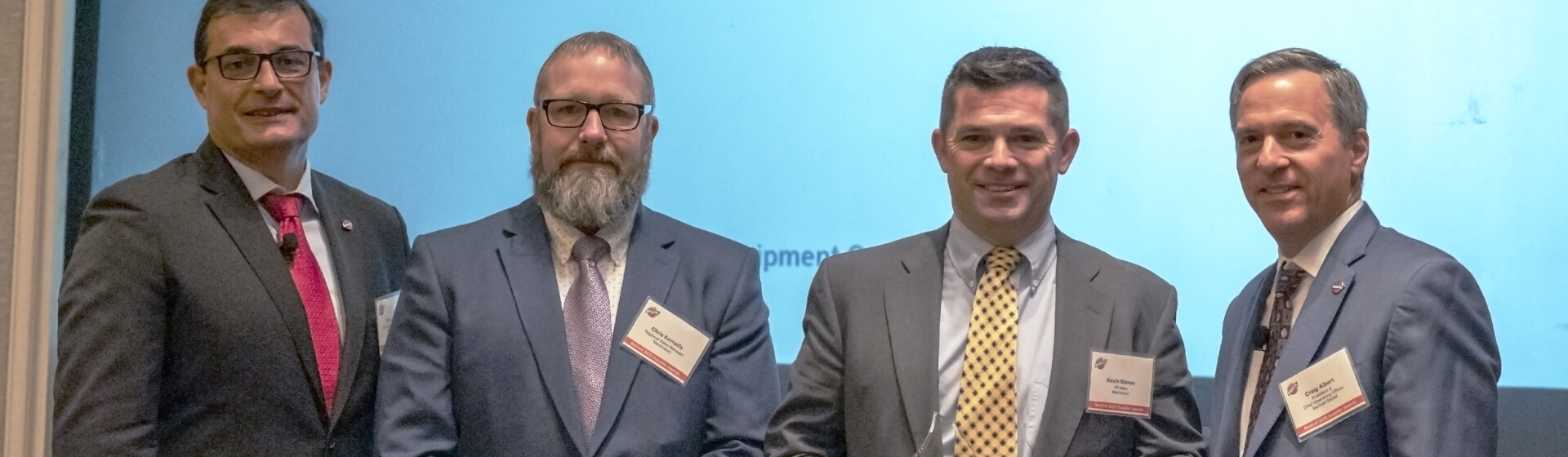 Pictured L to R: Tarek Amine, Principal Vice President and Chief Supply Chain Officer, Bechtel; Chris Kornelly, Regional Account Manager, Manitowoc; Kevin Blaney, Vice President – Crawler Crane Sales, Manitowoc; Craig Albert, President & COO, Bechtel. Manitowoc-wins-a-Bechtel-Global-Supplier-Award.jpg