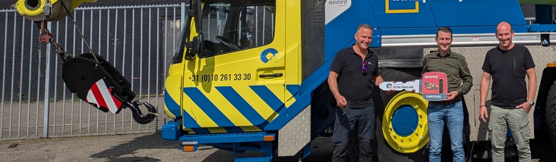 Left to right: Roy de Wilde, Q3 Heavy Lift; Niek Brabers, Manitowoc; Vincent de Wilde, Q3 Heavy Lift. Fast-delivery-and-like-new-feel-for-Grove-GMK5150L-purchased-by-Q3-Heavy-Lift-1.jpg