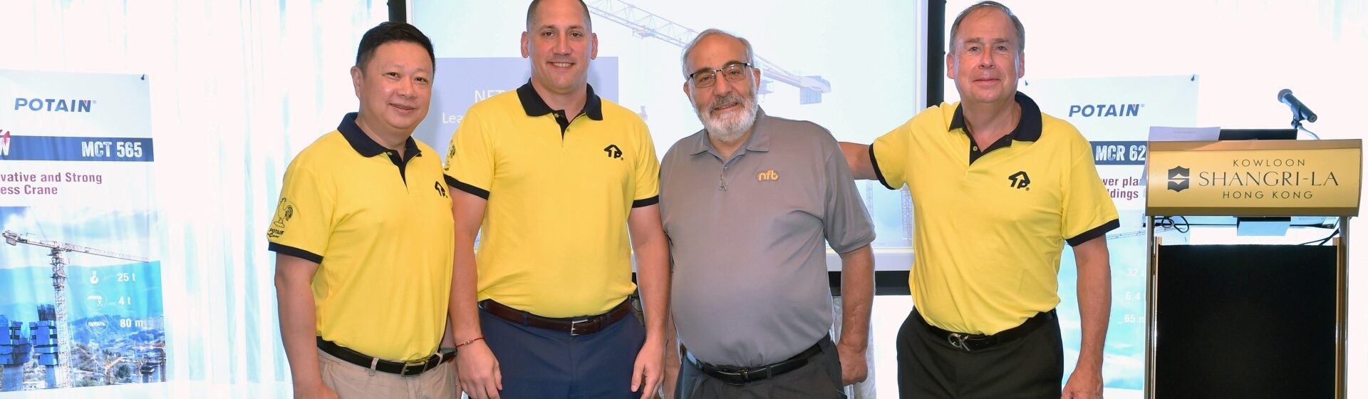 Celebrating the appointment of NFT Hong Kong as Potain dealer for Hong Kong. Left to right: Brian Wang, Manitowoc; Aaron Ravenscroft, Manitowoc; Nabil Al Zahlawi, NFT; Jean-Francois Amet, Manitowoc. NFT-Hong-Kong-hosts-gala-event-to-celebrate-appointment-as-local-Potain-dealer-01.jpg