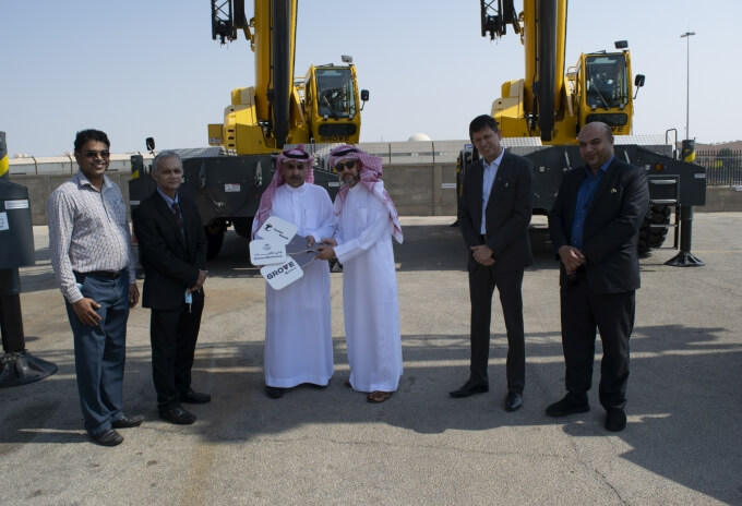 Celebrating the order (left to right): Manohar Nair (Kanoo); P.S. Chaudhuri (Kanoo); Mohammed F.S. Al-Tamimi (Tamimi Rentals); Ali Abdullah Kanoo (Kanoo); Manoj Tripathy (Kanoo); Yasser Al Qattan (Kanoo) Fahad-S-Al-Tamimi-&-Partners-Co-(Tamimi-Rentals)-invests-in-Grove-rough-terrain-cranes-to-diversify-its-business-1.jpg