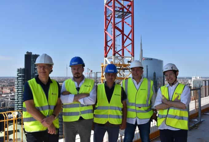 Gianluigi Consolaro, Crane Crane manager at Manitowoc Crane Group Italy; Stefano Crespi, project manager at Colombo Costruzioni; Gianluca Arconi, jobsite coordinator at Colombo Costruzioni; Sabino Riefoli, export sales & key Account manager at Manitowoc Crane Group Italy; and Matteo Pastore from Crane Crane Lift Solutions Southern Europe at Manitowoc Crane Group Potain-MD-365-and-MD-208-construct-Italys-first-zero-energy-skyscraper-the-GIOIA-22-Shard-of-Glass-05.jpg
