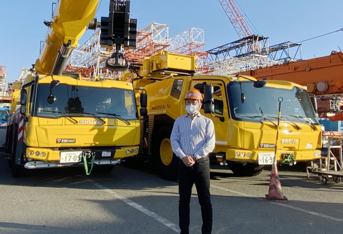 Shohei Konno, GM and president at G Machinery, with the latest Grove arrivals in Japan. Manitowoc-appoints-G-Machinery-as-new-Grove-distributor-in-Japan-01.jpg