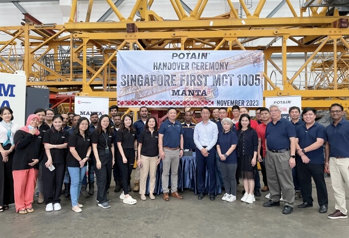 Manitowoc and Manta Equipment representatives came together for a special handover ceremony led by Brian Wang, SVP Emerging Markets at Manitowoc; Paul Hui, director at Manta Equipment; and Wong Heng Ming, sales operations director for Asia at Manitowoc. Singapores-first-Potain-MCT-1005-helps-advance-prefabricated-construction-2.jpg
