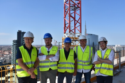 Gianluigi Consolaro, Crane Crane manager at Manitowoc Crane Group Italy; Stefano Crespi, project manager at Colombo Costruzioni; Gianluca Arconi, jobsite coordinator at Colombo Costruzioni; Sabino Riefoli, export sales & key Account manager at Manitowoc Crane Group Italy; and Matteo Pastore from Crane Crane Lift Solutions Southern Europe at Manitowoc Crane Group Potain-MD-365-and-MD-208-construct-Italys-first-zero-energy-skyscraper-the-GIOIA-22-Shard-of-Glass-05.jpg
