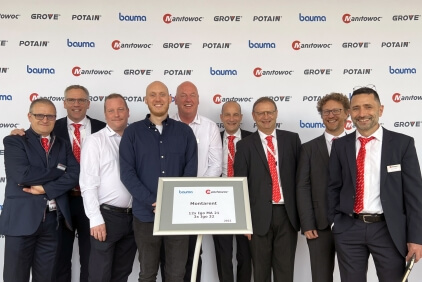 Celebrating the sale (left to right) are: Pascal Ducrot, Manitowoc; Wybe Smit, Manitowoc; Sander van Woesik, Montarent; Jeff Koopmans, Montarent; Cor Koopmans, Montarent; Christophe Simoncelli, Manitowoc; Remi Deporte, Manitowoc; Emmanuel Kirchner, Manitowoc; Jérôme Chanel, Manitowoc. Montarent-inks-order-for-15-Potain-self-erecting-cranes-on-day-one-of-bauma-2022-1.jpg