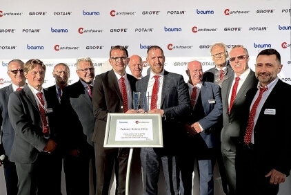 Celebrating the appointment of Falcon Tower Crane Services as UK dealer for Potain self-erecting cranes. Left to right are: Pascal Ducrot, Manitowoc; Francois Rotat, Manitowoc; Remi Deporte, Manitowoc; Ian Grey, Falcon; Pier Domenico Ravera; Manitowoc; Julian Dyer, Falcon; Andrew Brown, Falcon; Dave Johns, Falcon; Thibaut Le Besnerais, Falcon; Jerry Welford, Manitowoc; Jérôme Chanel, Manitowoc. Falcon-Tower-Crane-Services-appointed-as-UK-dealer-for-Potain-self-erecting-cranes-at-bauma-2022.jpg