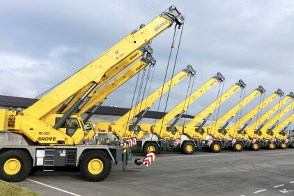 A fleet of newly delivered Grove RT540E rough-terrain cranes ready for deployment at Chittagong Port, supporting Bangladesh’s expanding export sector through local dealer ETL. Major-Grove-crane-delivery-to-Bangladesh-supports-growing-export-demand-at-Chittagong-Port-1.jpg